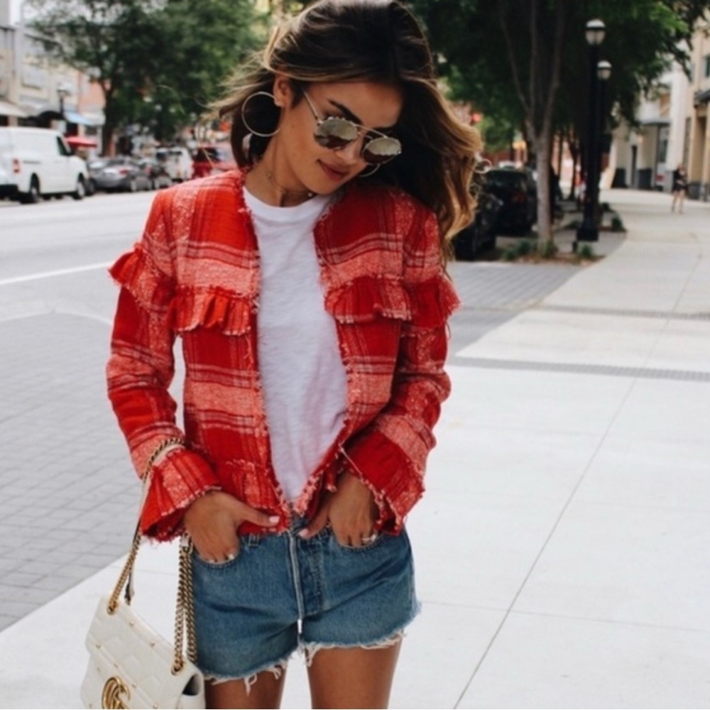 Zara Red Plaid Distressed Hem Women's Jacket